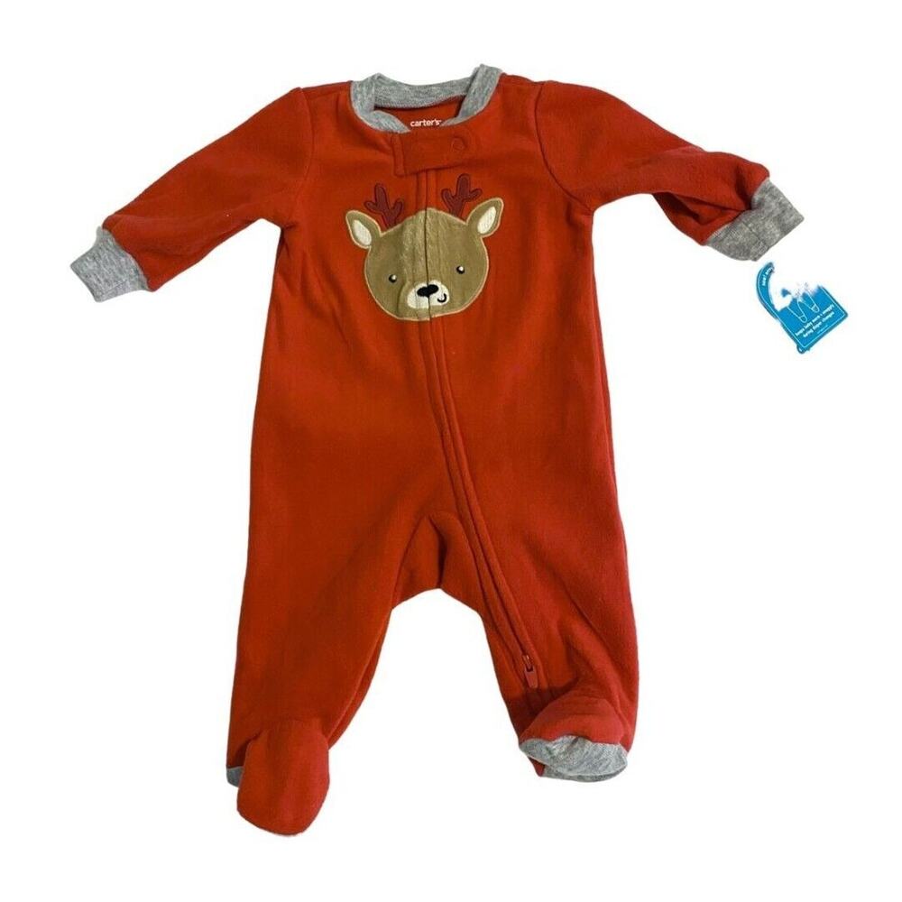 Newborn Carter's Red Reindeer Christmas Footed One Piece Fleece NWT Pajamas Pj's